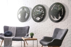 Stylish Sofa And Armchair Near Brick Wall In Modern Living Room Interior. Space For Text